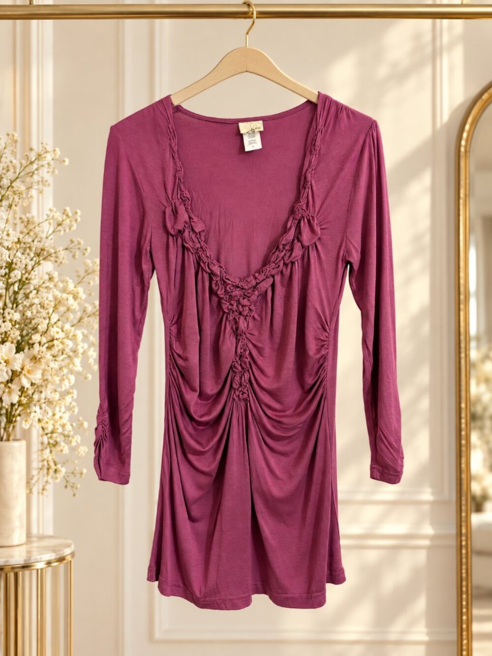 Love, Fire Mauve Purple Ruched Ruffle Deep V Long Sleeve Tunic Top M